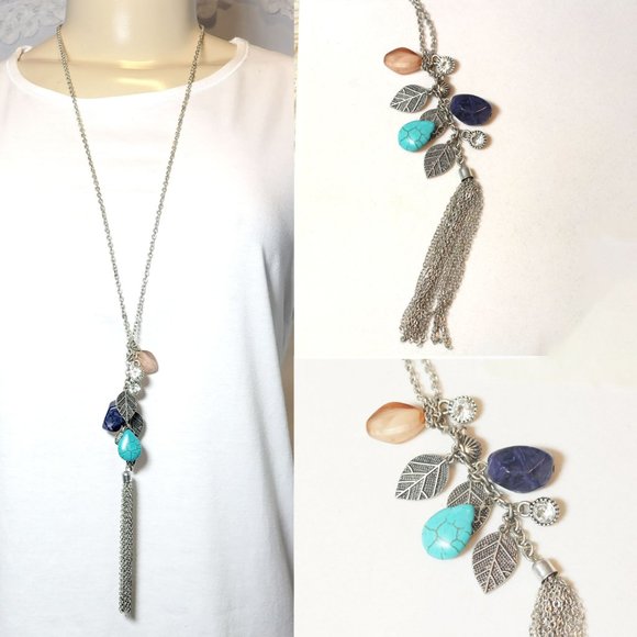 📿Silver Long Lariat Tassel Feathers Turquoise Lapis Stone 22" Necklace📿 - Picture 1 of 10